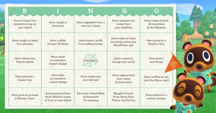 Quelle quantité de cette carte de bingo officielle Animal Crossing New Horizons avez-vous barrée?

