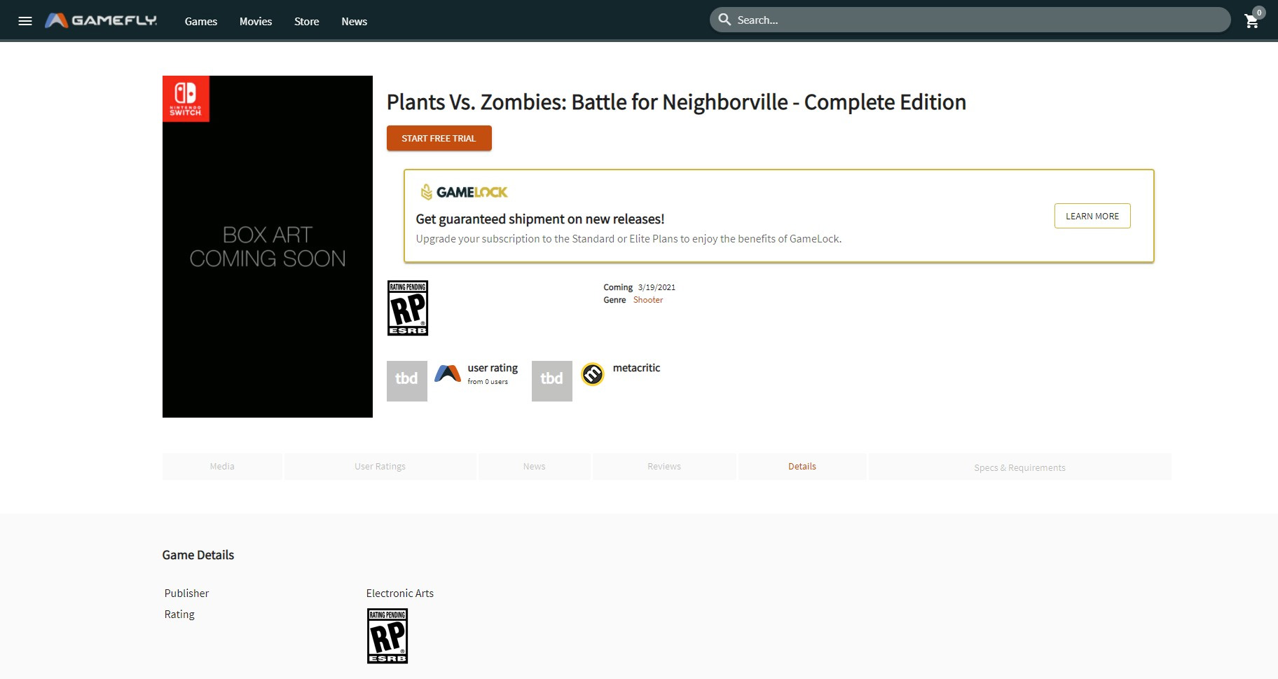 La liste GameFly maintenant supprimée pour Plants vs.Zombies: Battle for Neighborville - Complete Edition