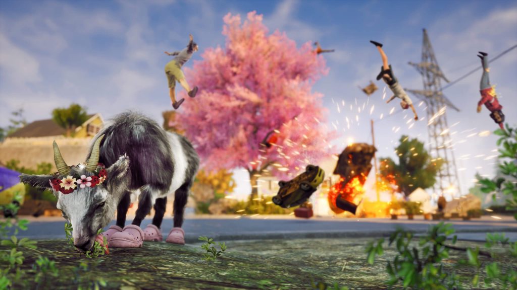 Simulateur de chèvre 3 chèvres mangeant avec explosion en arrière-plan.
