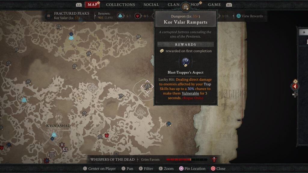 Emplacement de la carte des remparts de Kor Valar dans Diablo 4