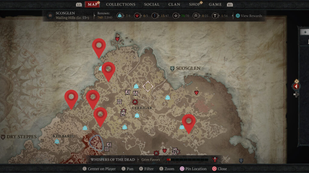 Carte des emplacements des coffres mystérieux de Diablo 4 Scosglen