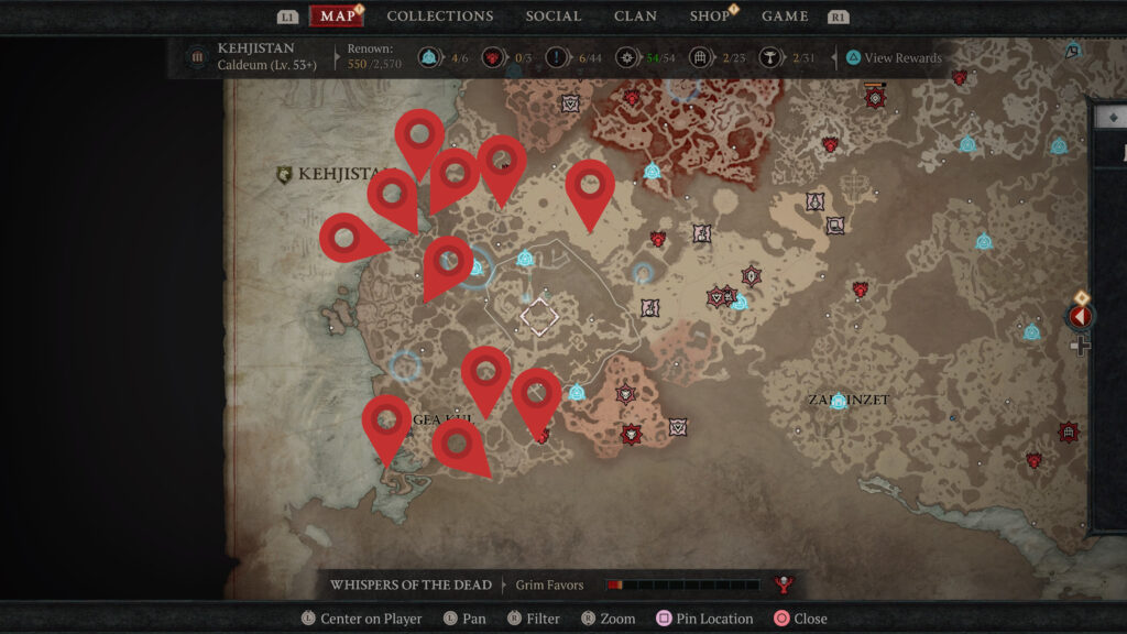Carte des emplacements des coffres mystérieux de Diablo 4 Kehjistan