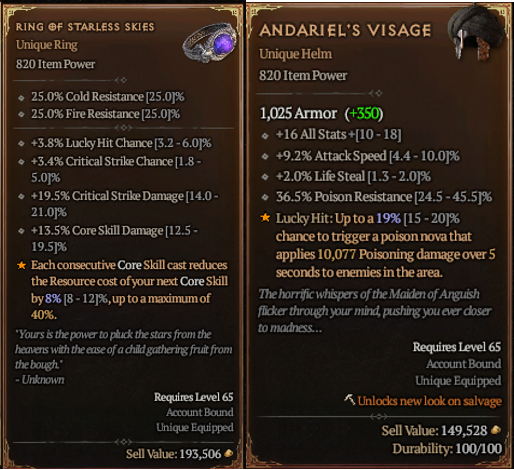 Ring of Starless Skies et Andariel's Visage ultra rares uniques dans Diablo 4