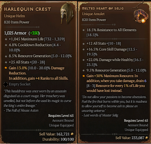 Arlequin Crest et Melted Heart of Selig sont des uniques ultra rares dans Diablo 4
