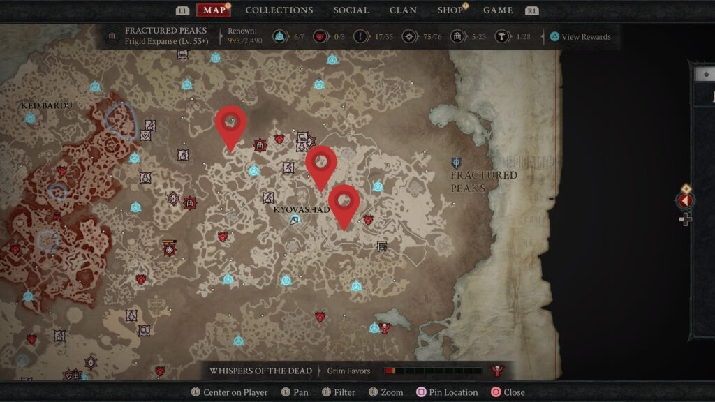 Carte des emplacements des coffres mystérieux de Diablo 4 Fractured Peaks