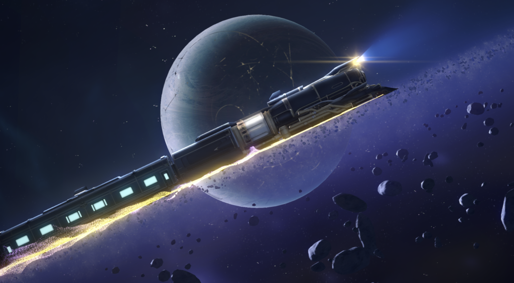 L'écran d'ouverture de Honkai : Star Rail ;  il présente l'Astral Express voyageant à travers un champ d'astéroïdes avec une planète en arrière-plan.