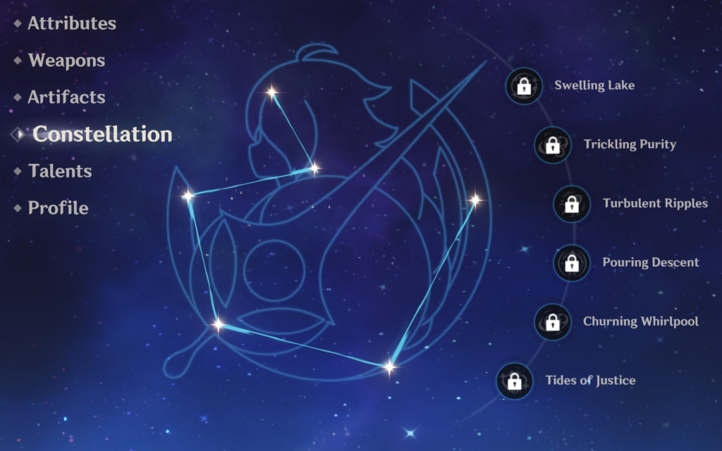 La Constellation du Voyageur telle qu'elle apparaît dans le menu des personnages de Genshin Impact.