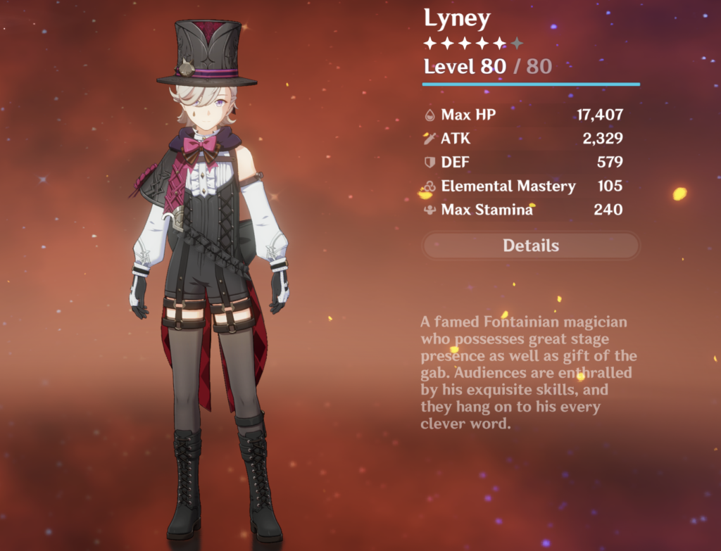 Lyney tel qu'il apparaît dans le menu des personnages de Genshin Impact.