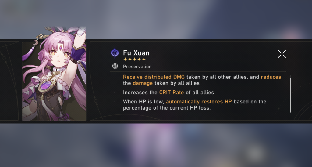 Une brève description des capacités et des buffs de Fu Xuan.  Elle distribue et réduit les dégâts, améliore les alliés et restaure automatiquement les HP.