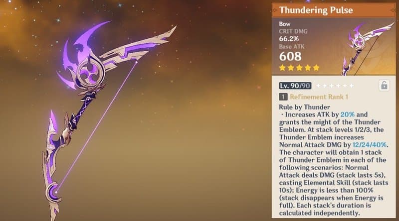 Écran de détails de Thundering Pulse, y compris la description de sa compétence d'arme, Rule by Thunder.