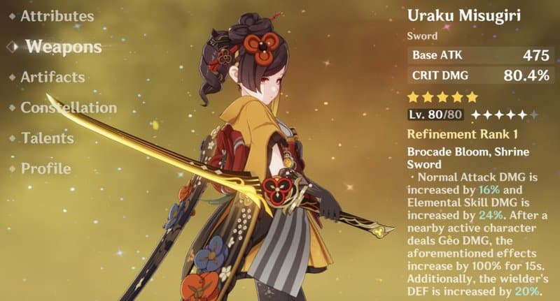 Sur l'écran des armes du personnage, Chiori brandit l'Uraku Misugiri.