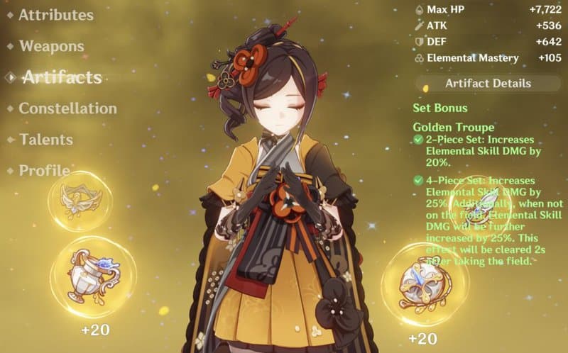 Chiori telle qu'elle apparaît sur l'écran Genshin Impact Artifacts.  Elle possède l'ensemble de 4 pièces de la Troupe d'Or.