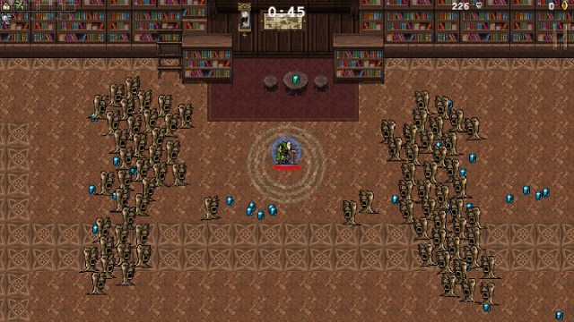 Vampire Survivors : le joueur au milieu de la bibliothèque incrustée sur le point d'être entouré d'élémentaires de poussière.