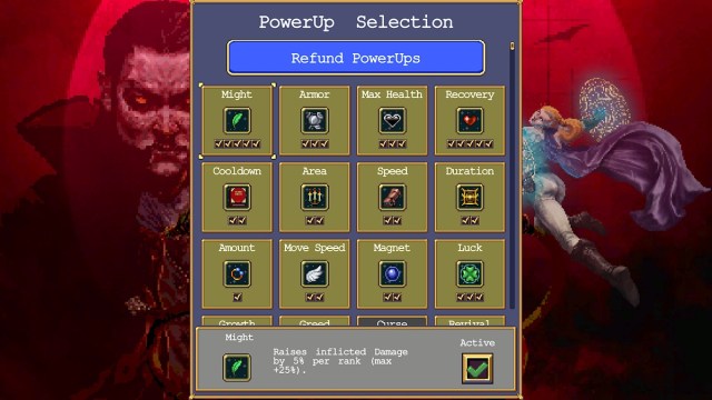 Vampire Surivors : une capture d'écran montrant la boutique du jeu avec tous les power-ups disponibles.