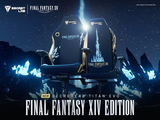 La chaise Final Fantasy XIV x Secretlab, avec la Tour de Cristal au dos