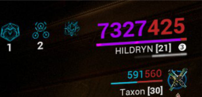 A purple shield bar of 7327 and red health bar of 425 from Warframe