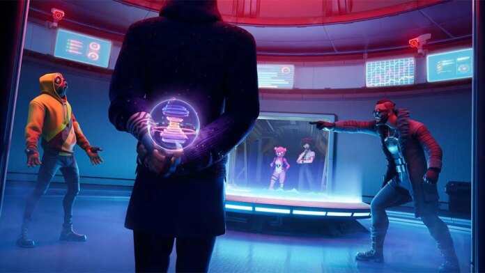 A Fortnite character pointing accusatorily at another player, as a player in a black coat stands with his hands behind his back holding an orb.