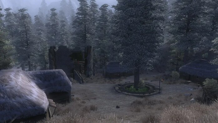 Oblivion: a large tree in the middle of a small settlement that also contains a ruined keep.