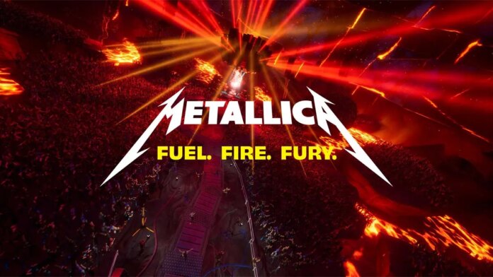 The Metallica logo with hundreds of Fortnite characters at a concert