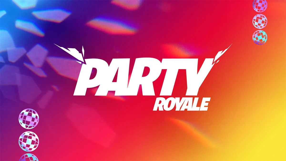 Fortnite's Party Royale logo with disco balls on either side