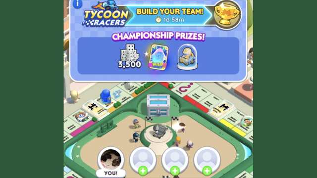 Écran de sélection de l'équipe Monopoly GO Tycoon Racers