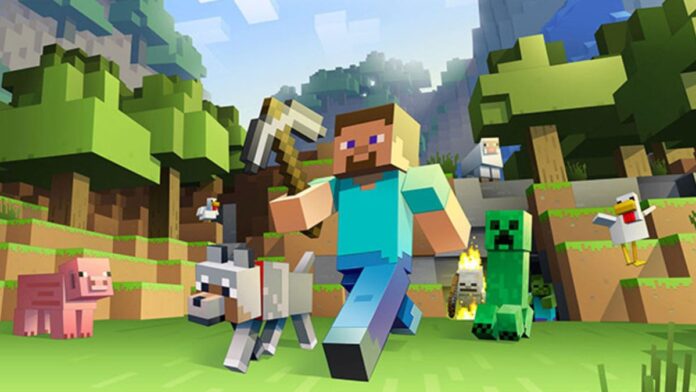Minecraft Steve running with a pickaxe while a creeper chases them