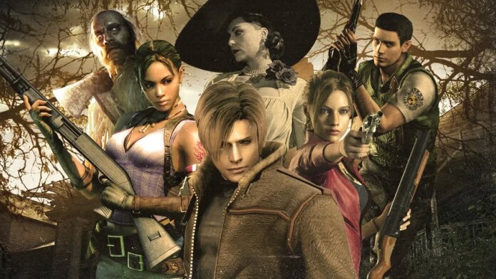 Composite Resident Evil image showing a number of main characters, including Leon Kennedy and Chris Redfield.