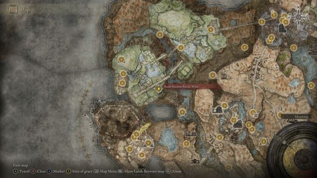 Carte d'Elden Ring montrant les ruines d'Unte