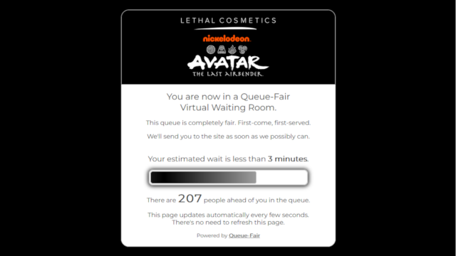 La salle d'attente virtuelle pour découvrir la ligne de maquillage Avatar The Last Airbender de Lethal Cosmetics