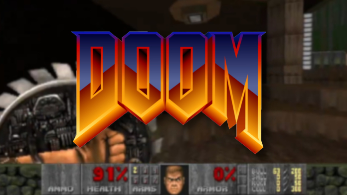 The orange and blue Doom logo with a screenshot from the game behind it.