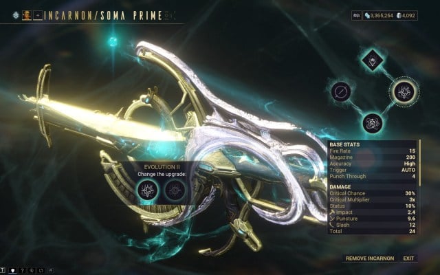 Incarnon Soma Prime, avec sa mise à niveau Evolution II dans Warframe