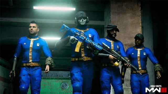 Personnages de Call of Duty marchant dans un couloir portant des combinaisons Fallout Vault