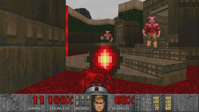 Doom : une fusée est tirée sur un monstre Baron of Hell.