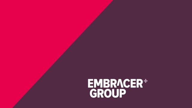 Logo Embracer Group sur fond violet et rose.