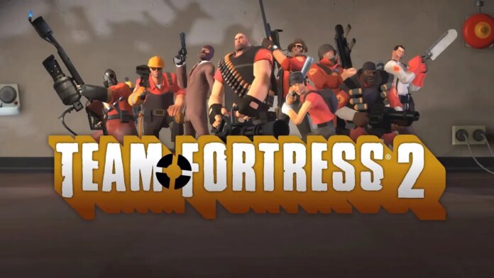 Team Fortress 2 logo with all the playable character behind it, posing with their weapons.
