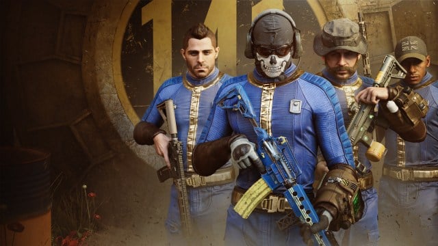 Keyart Fallout et Call of Duty, avec des personnages portant des combinaisons bleues et dorées