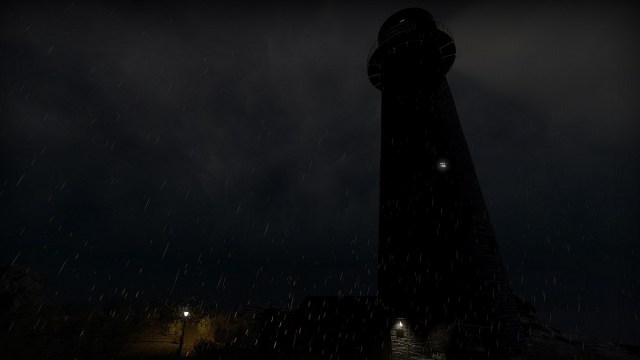 Phasmophobie : une nuit sombre et pluvieuse avec une silhouette de phare.