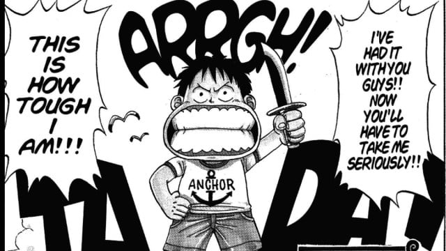Le jeune Luffy tenant un couteau dans One Piece