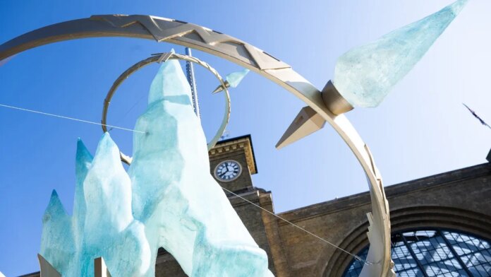 The Aetheryte Crystal set up outside King's Cross Station in London