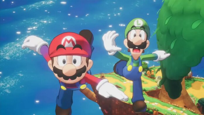 Mario and Luigi flying through the air, looking scared