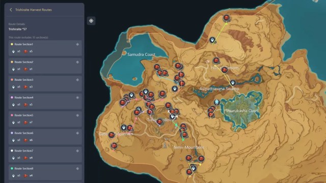 Carte des emplacements Trishiraite et itinéraire agricole à Genshin Impact