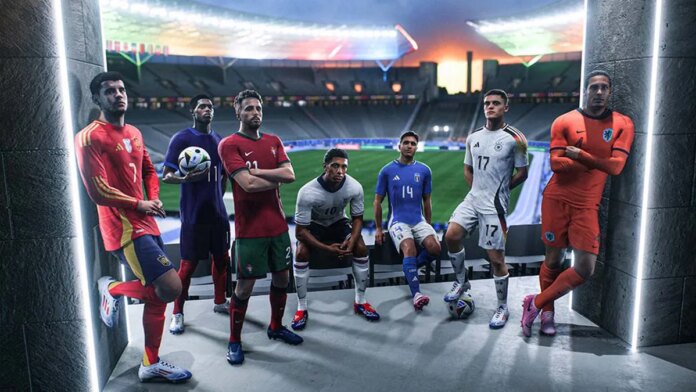 Seven footballers in their kits standing in the concourse of the Olympic Stadium in Berlin.