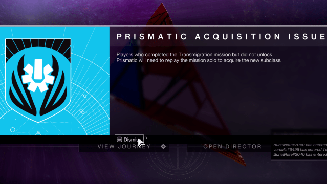 Problème d'acquisition prismatique dans Destiny 2