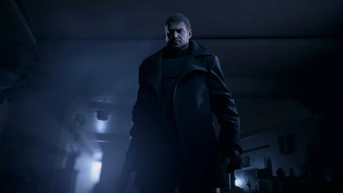 Resident Evil Village: Chris Redfield in a dark room being poorly lit.