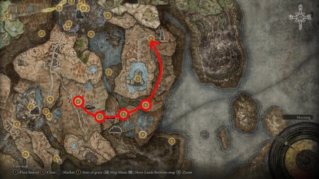 Où trouver le canon de Rabbath dans Elden Ring Shadow of the Erdtree - carte des directions vers la tour depuis les ruines de Moorth