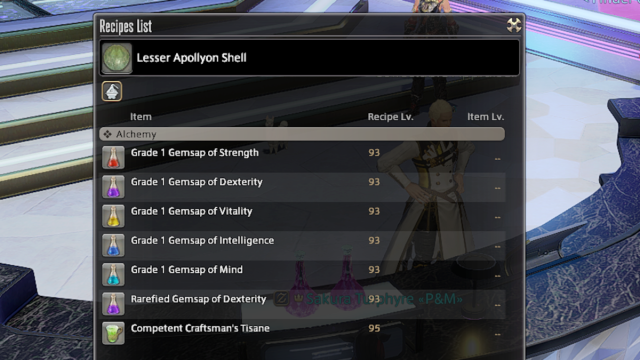 Recettes réalisées à l'aide de coquilles d'Apollyon mineures dans Final Fantasy XIV
