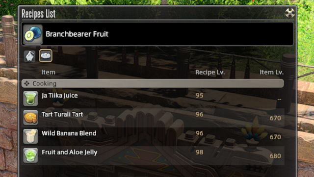 Recettes réalisées à partir du fruit Branchbearer dans Final Fantasy XIV