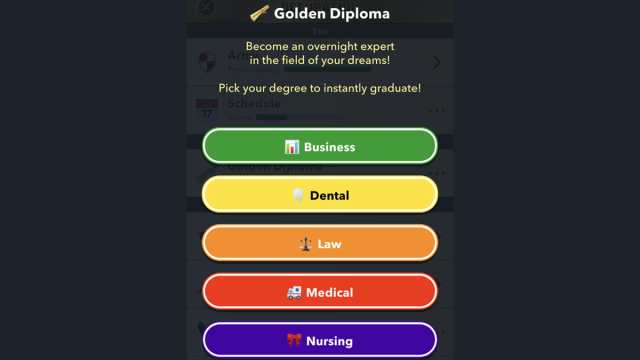 Menu et liste des diplômes du diplôme BitLife Golden