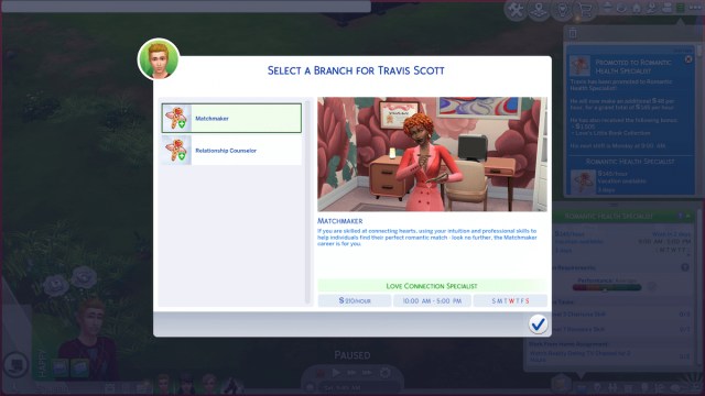 Branches Matchmaker et Conseiller en relations dans Sims 4