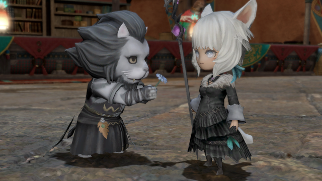 Runar, le robot mécanique, offre une fleur à Brave New Y'shtola dans Final Fantasy XIV